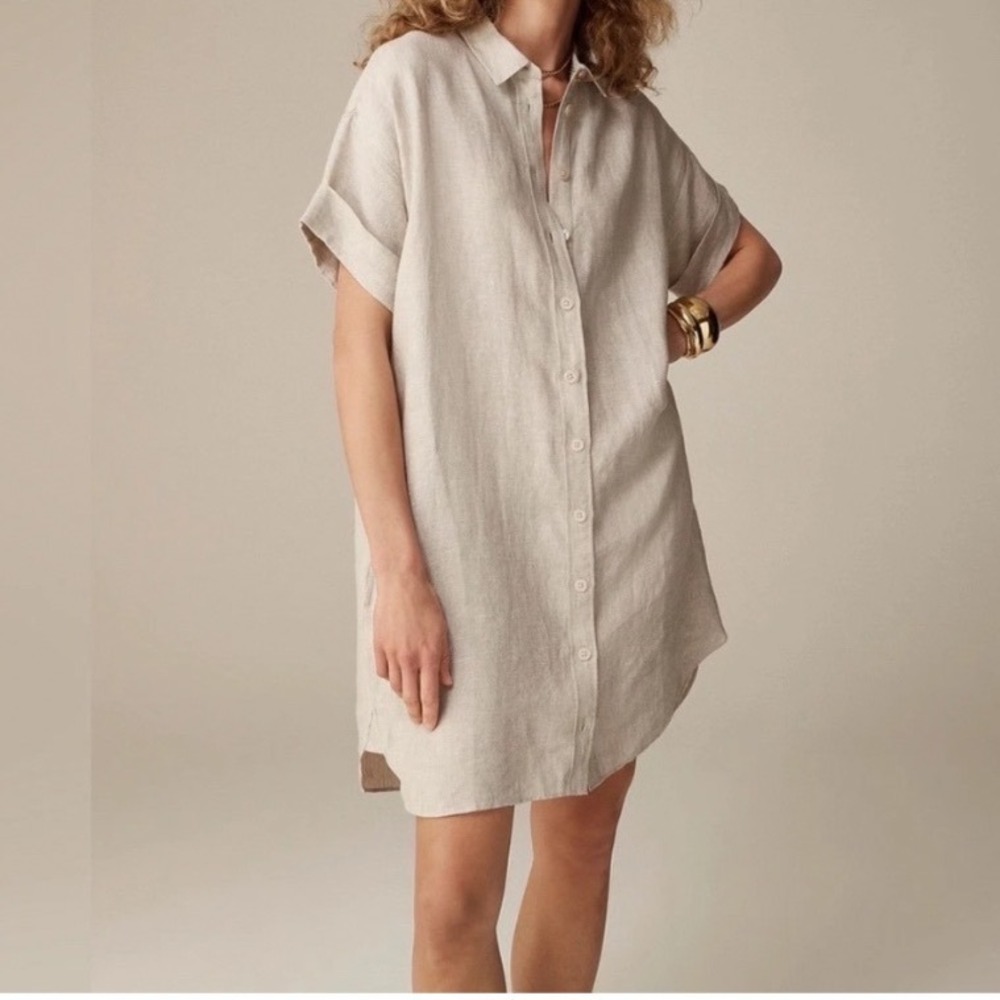 J.Crew Shirt Dress Women S Beige Linen Relaxed Short Sleeve Button Front Pockets
